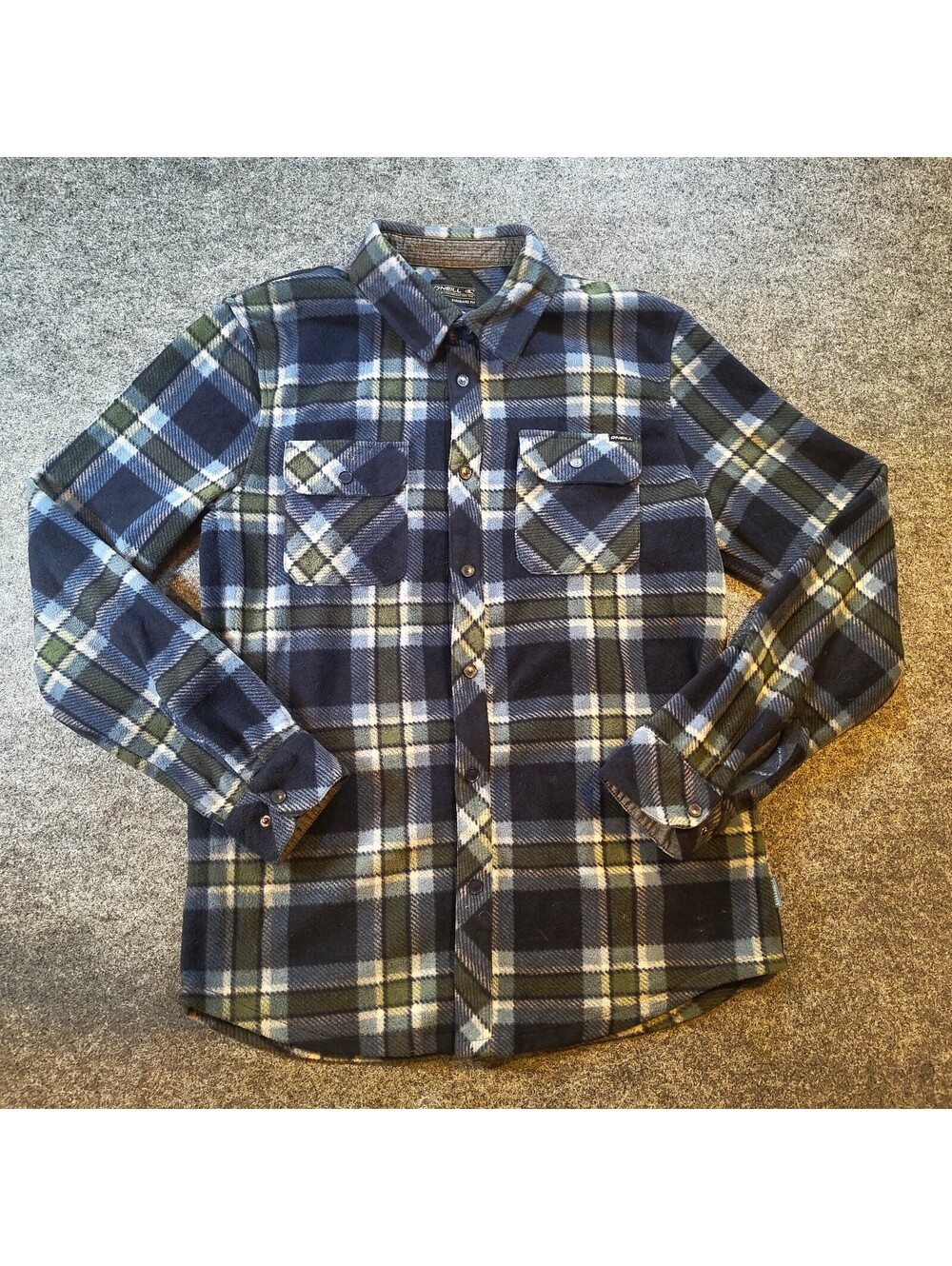 O’Neill Men’s Small Plaid Flannel Shirt Blue Gray Green Standard Fit